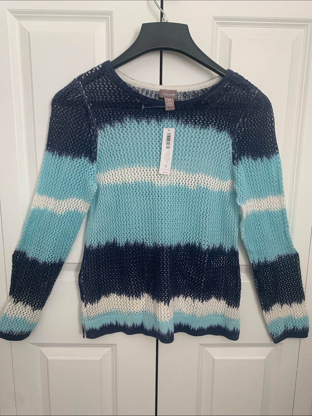 Chico's Striped Open-Knit Pullover Sweater - Navy, Light Blue & White